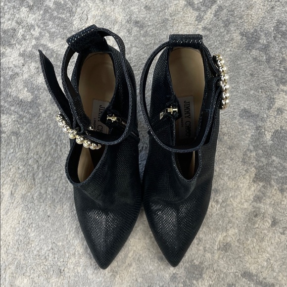 Jimmy Choo Black Embossed Leather Ankle Boots Heeled Pearl Buckle Sz 39 - Picture 5 of 13